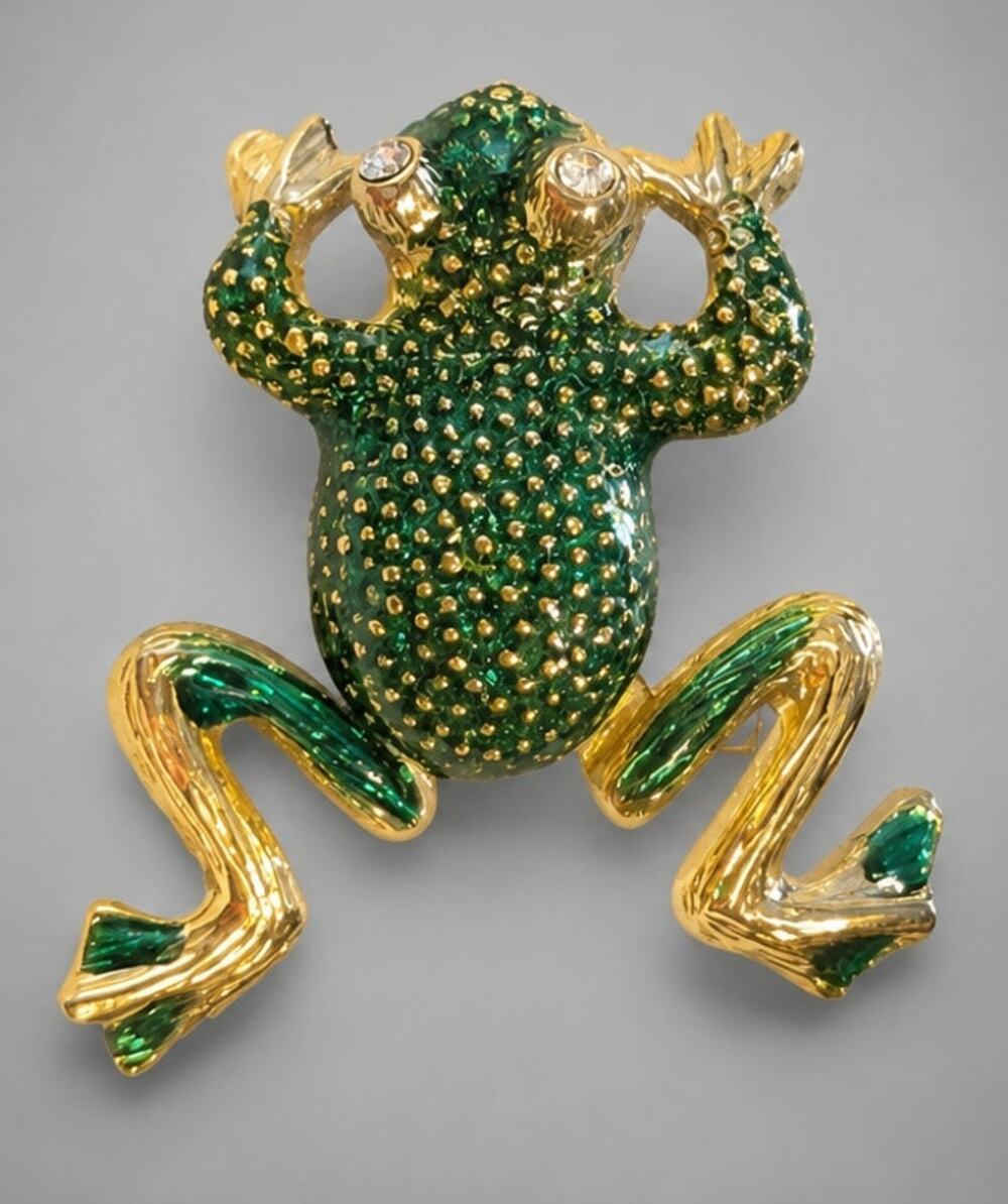 Vintage Green Frog Brooch Pin Enameled 1.25" Rhinestone Eyes‎ Gold-tone ab1-62